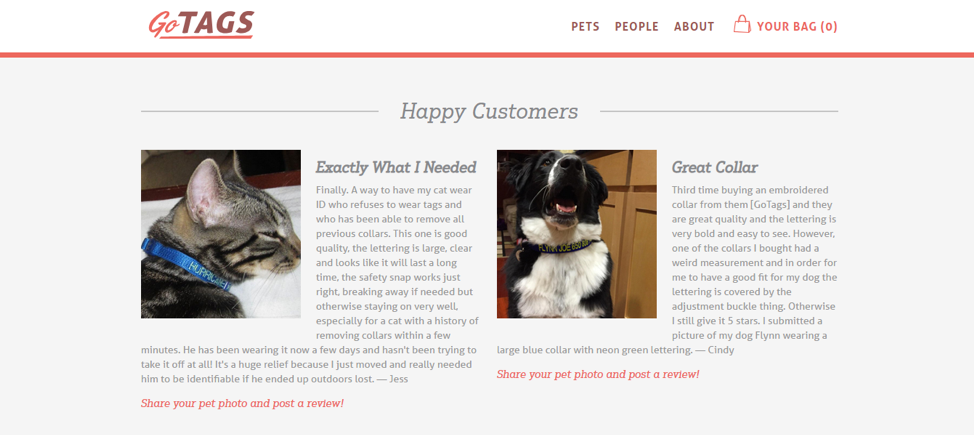 GoTags features reviews and testimonials on their homepage to promote their products.