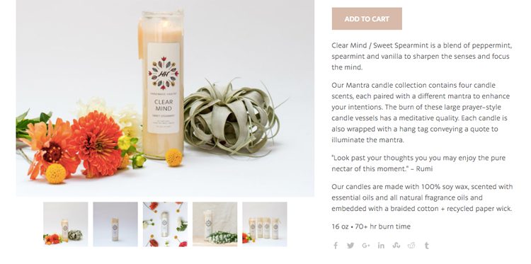 candle and product description on Handmade Habit's website