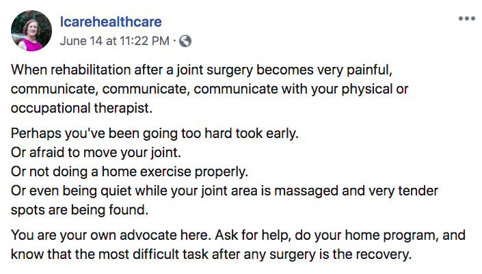 For example, Callahan posted on Facebook information about what people should do post-surgery to ensure a full recovery.