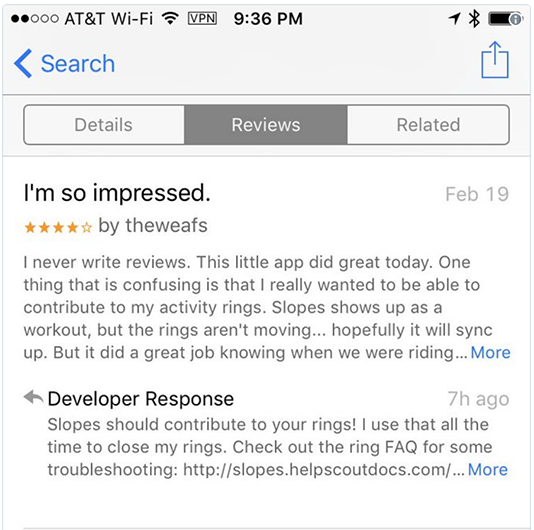 Screenshot of app review with response