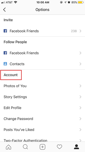 screenshot of account settings in Instagram
