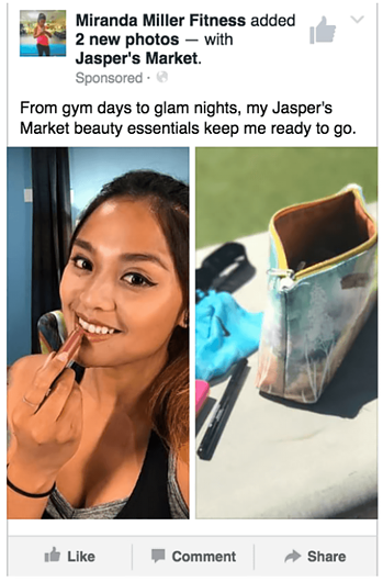 Facebook influencer promoting Jasper's Market by posting about beauty products she bought