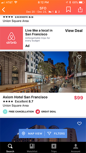 Screenshot of Airbnb ad in Kayak's app