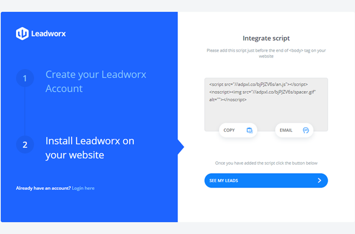 Leadworkz prompts new app users to take action and install a script on their website
