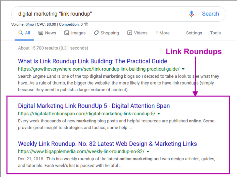 link roundup search engine results page