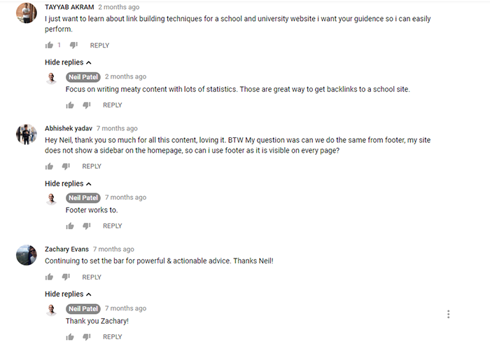Screenshot of Neil Patel YouTube comments
