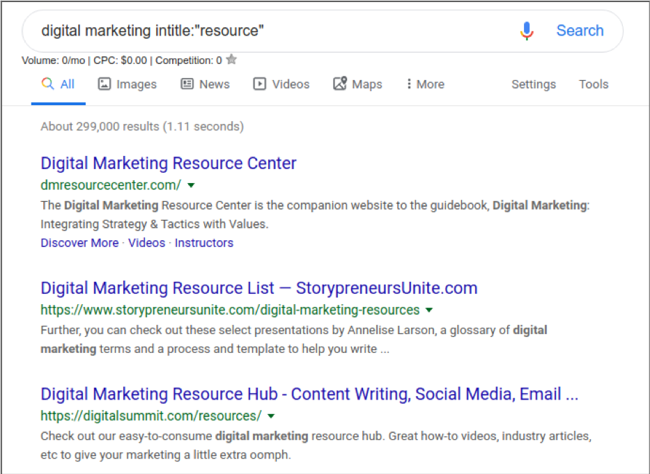 search engine results page for pitching links to resource pages
