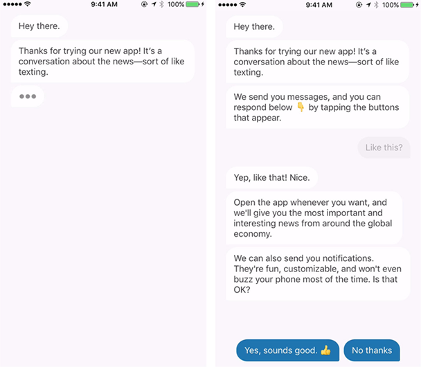 Quartz messages new app users to guide them through app onboarding