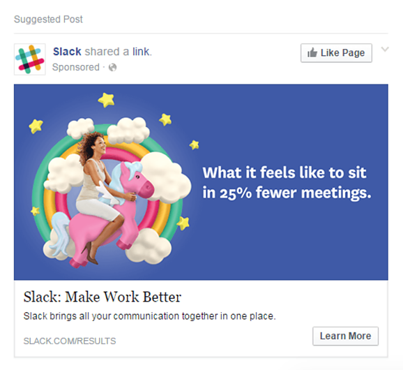 screenshot of Slack's copy in a Facebook ad