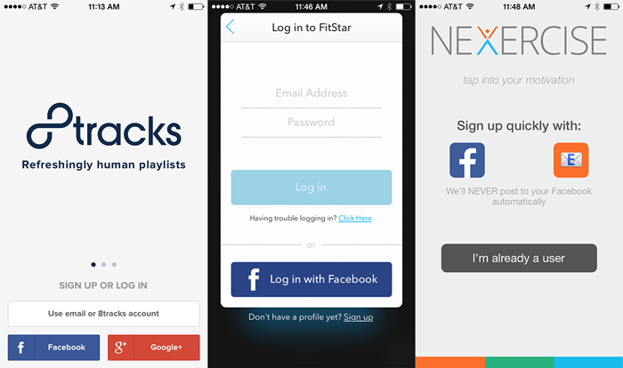 example of social media-integrated onboarding login screens on different apps