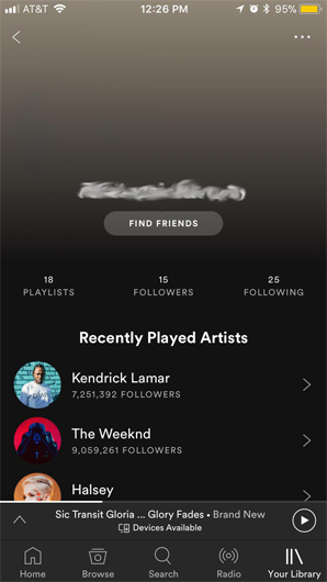 Spotify profile including followers, following, and find friends
