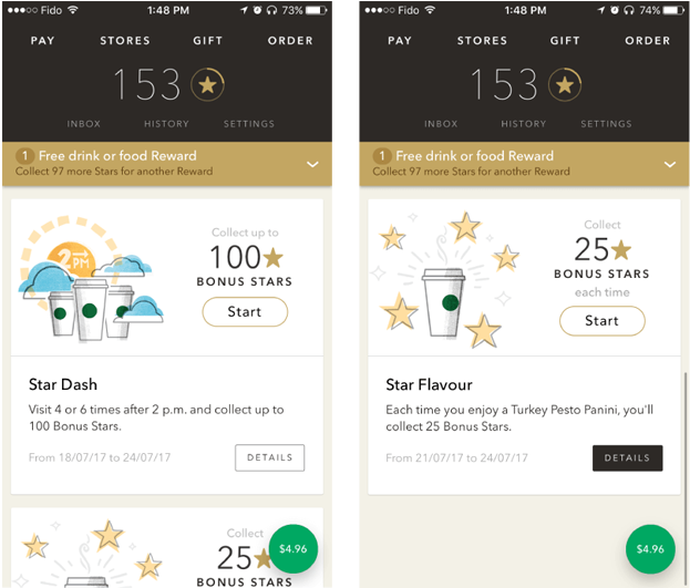 Starbucks distributes redeemable rewards through its app throughout app onboarding