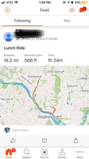 Strava newsfeed shows your followers' workouts