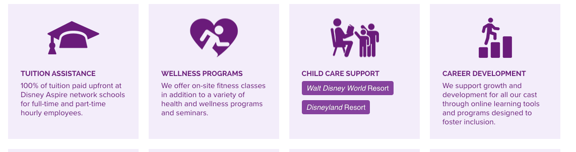Disney offers monetary assistance, wellness programs, career development, and other perks to their employees.