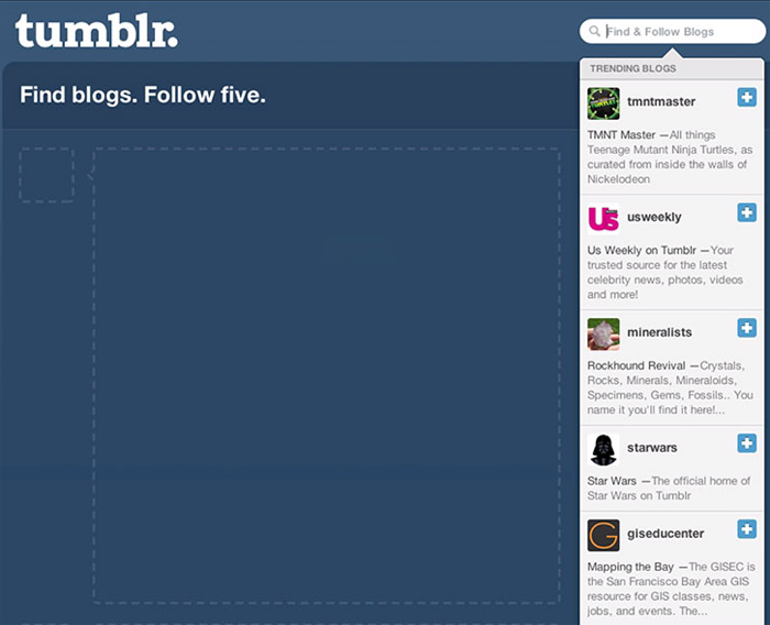 Tumblr encourages users to take additional actions, such as following 5 blogs, while they complete the onboarding process