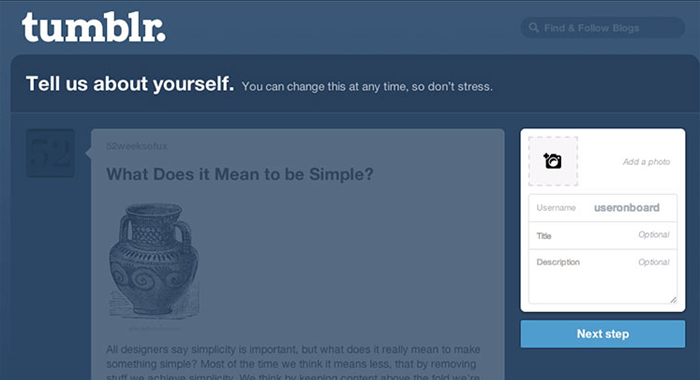 Tumblr encourages app users to update their user profile during the app onboarding process