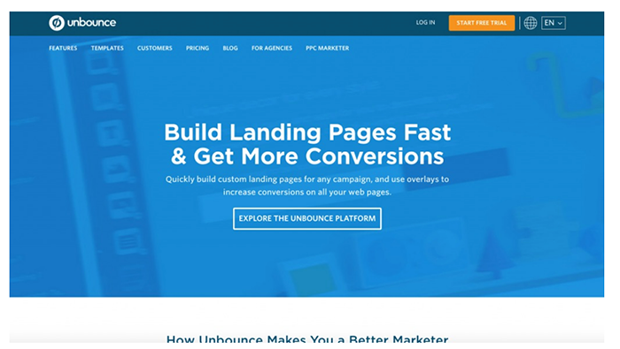 Unbounce homepage CTA