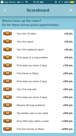 Waze app rewards users with points every time they get a "first" – interact with or use a new feature