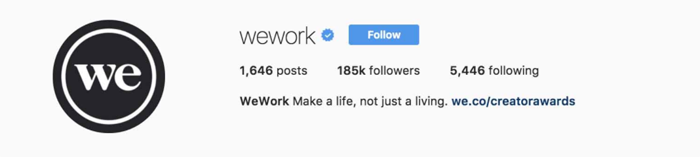 example of WeWork's Instagram business account bio