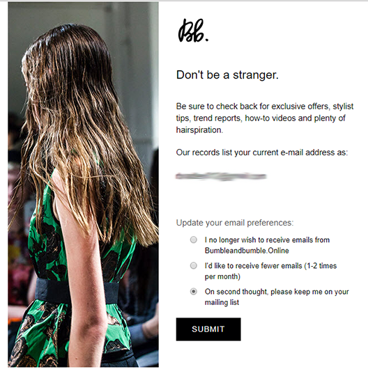 Bumble & Bumble haircare unsubscribe page