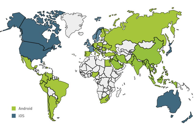 world map showing android versus ios market share
